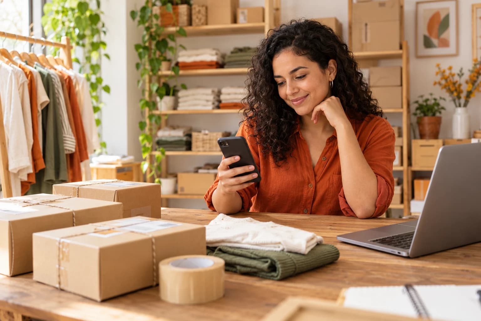 Una emprendedora revisa su celular mientras organiza los paquetes y productos de su tienda online