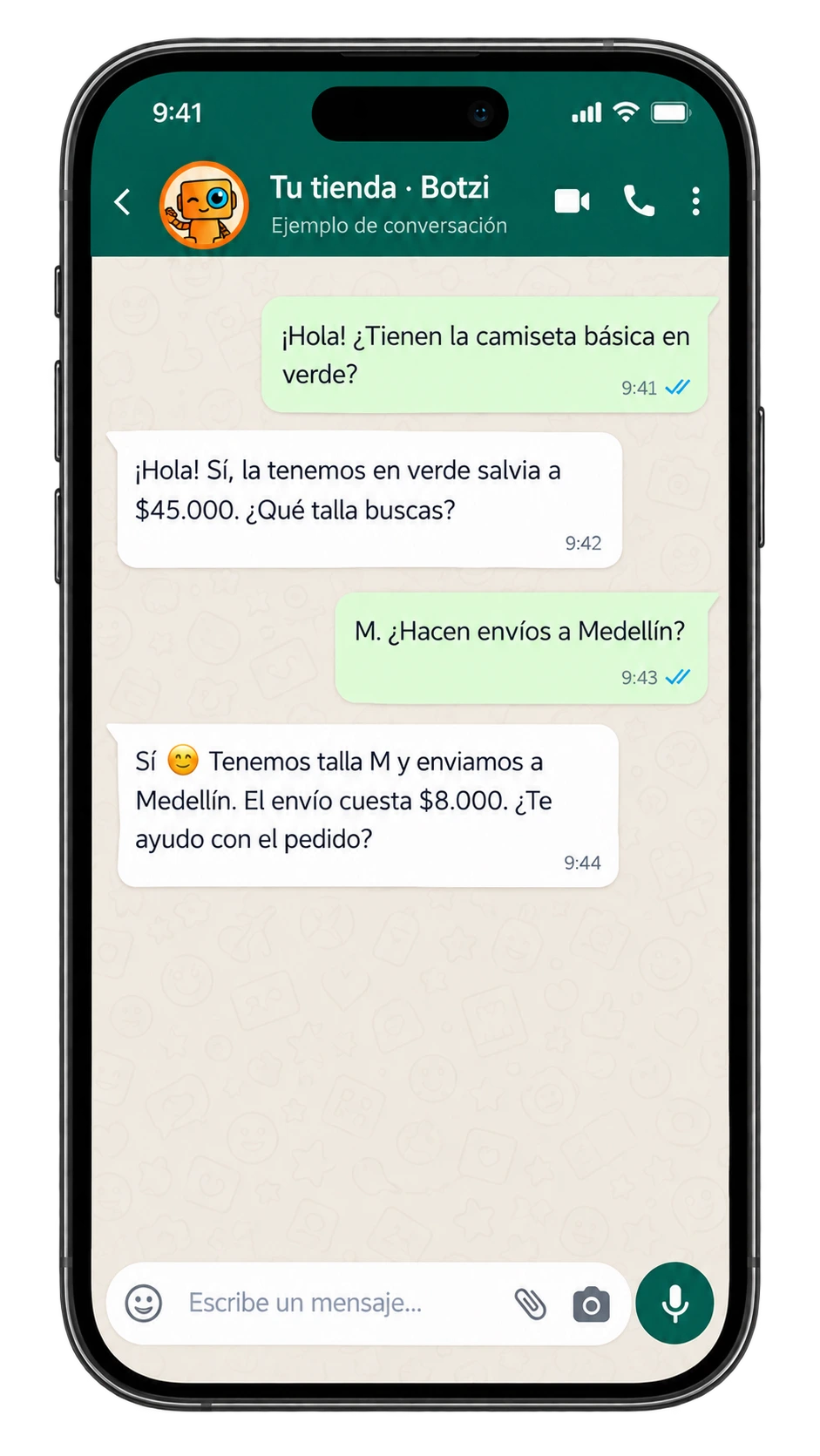 Ejemplo de WhatsApp: Botzi responde por la camiseta verde, su precio, talla y envío a Medellín