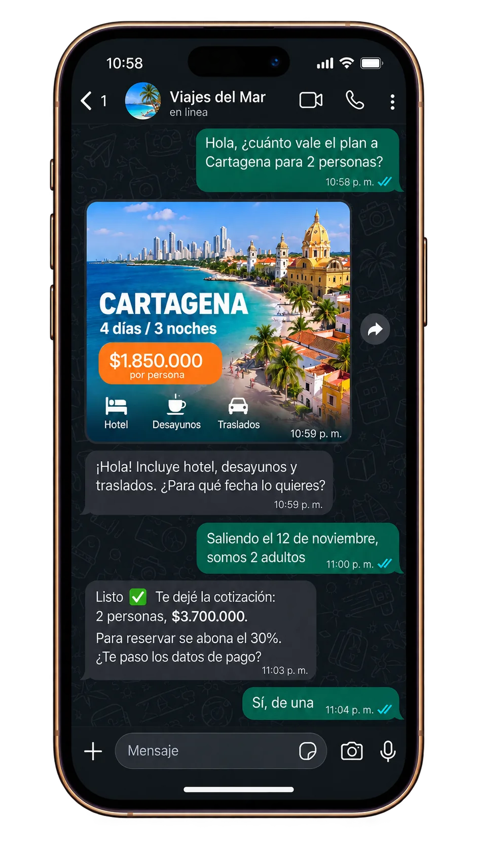 Chat de WhatsApp: una viajera pregunta por Cartagena a las 10:58 p. m. y el bot le manda el plan y la cotización