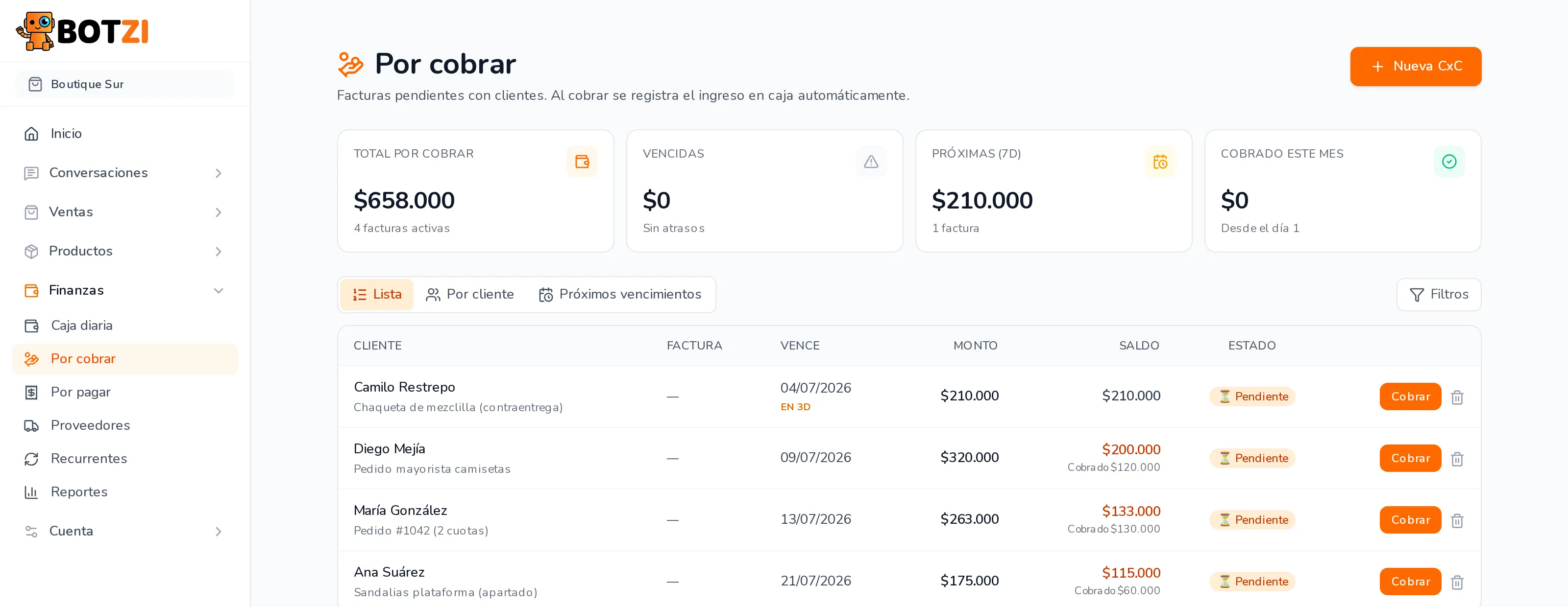 Cuentas por cobrar de Botzi con recordatorios automáticos